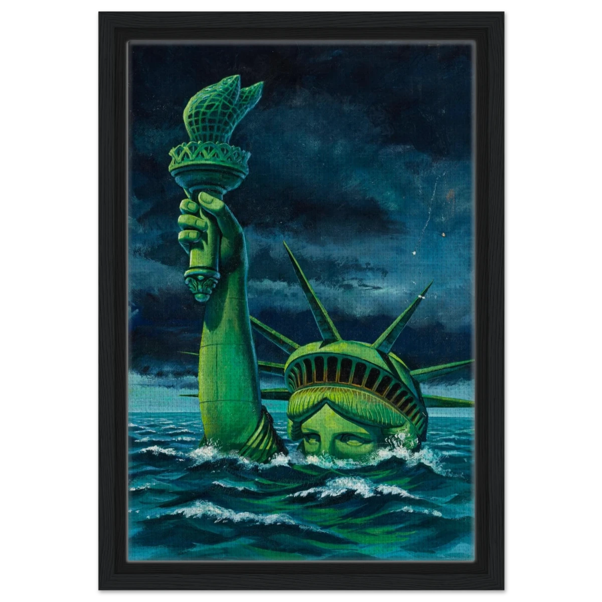 "Liberty Submerged" – Surreal Political Apocalypse Art | Statement Wall Art Print - Framed Canvas - 30x45 cm / 12x18″ - Black frame