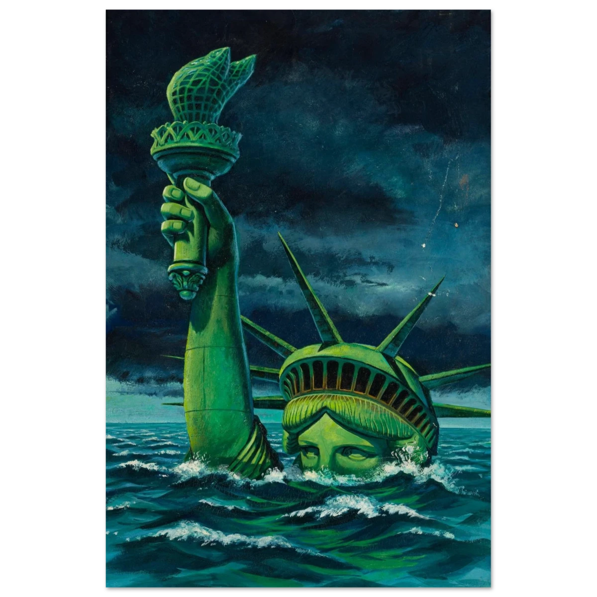 "Liberty Submerged" – Surreal Political Apocalypse Art | Statement Wall Art Print - Wood Prints - 40x60 cm / 16x24″ -