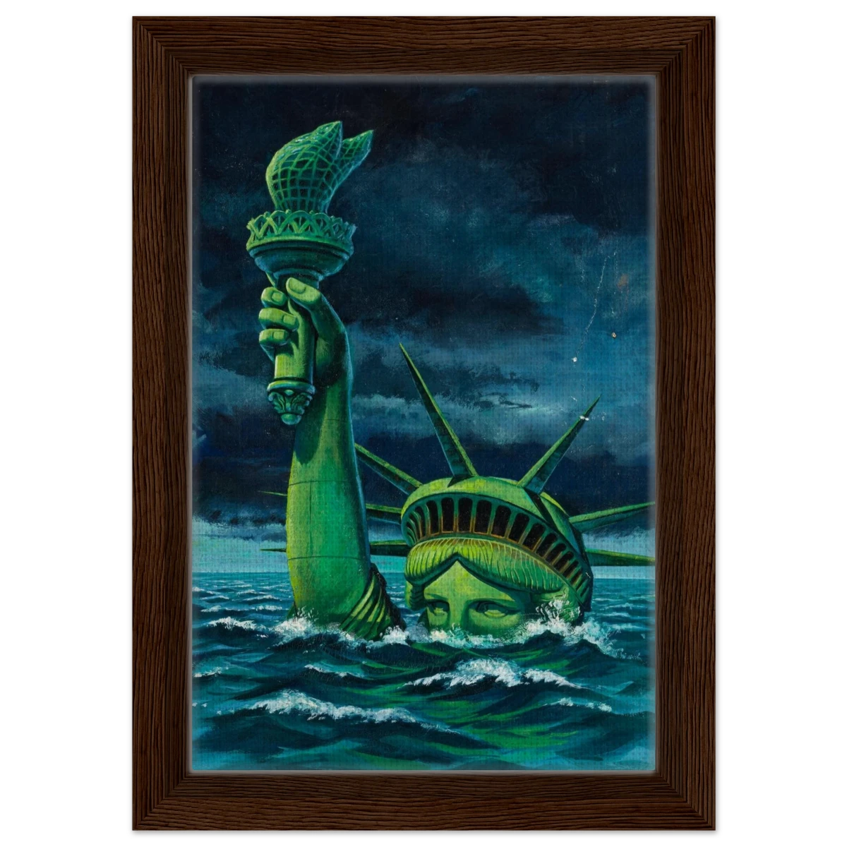"Liberty Submerged" – Surreal Political Apocalypse Art | Statement Wall Art Print - Framed Canvas - 20x30 cm / 8x12″ - Dark wood frame