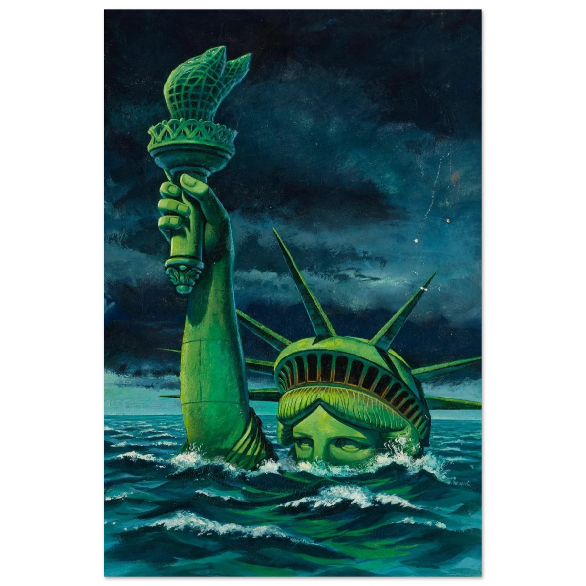 "Liberty Submerged" – Surreal Political Apocalypse Art | Statement Wall Art Print - Wood Prints - 50x75 cm / 20x30″ -