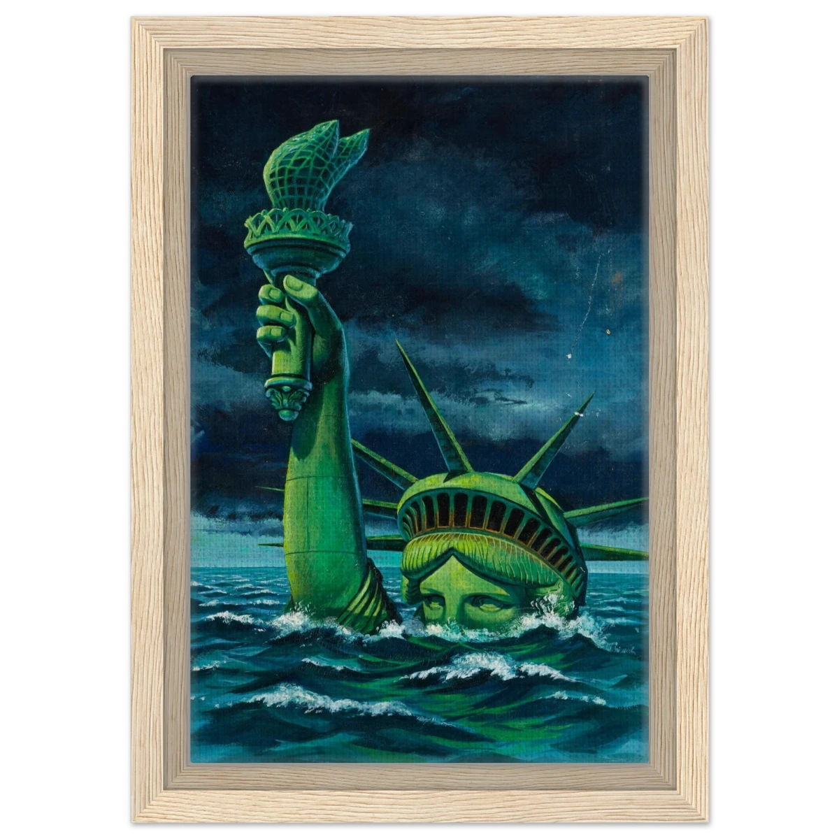 "Liberty Submerged" – Surreal Political Apocalypse Art | Statement Wall Art Print - Framed Canvas - 20x30 cm / 8x12″ - Wood frame