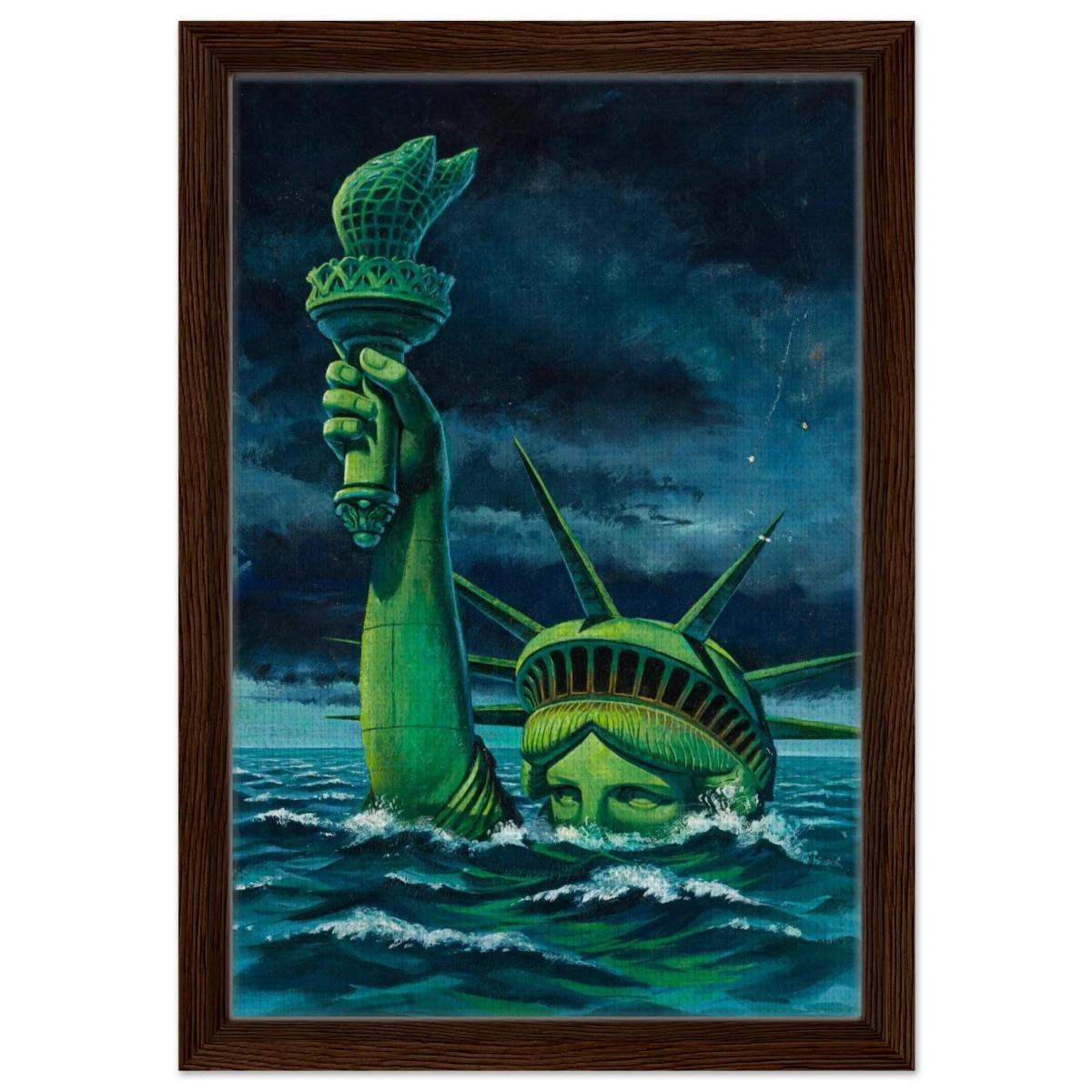 "Liberty Submerged" – Surreal Political Apocalypse Art | Statement Wall Art Print - Framed Canvas - 30x45 cm / 12x18″ - Dark wood frame