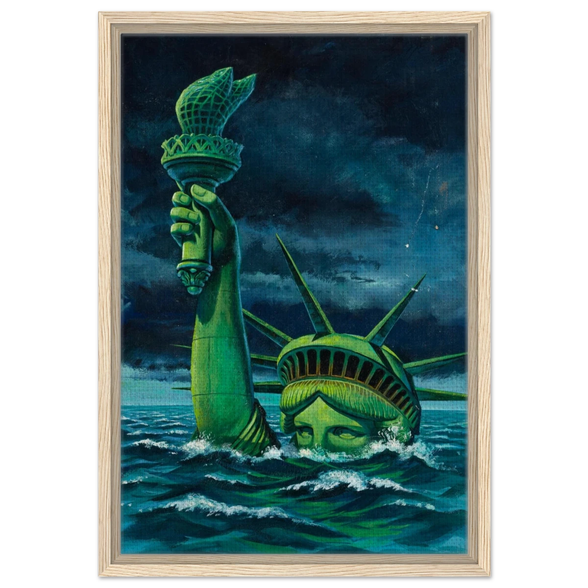 "Liberty Submerged" – Surreal Political Apocalypse Art | Statement Wall Art Print - Framed Canvas - 40x60 cm / 16x24″ - Wood frame