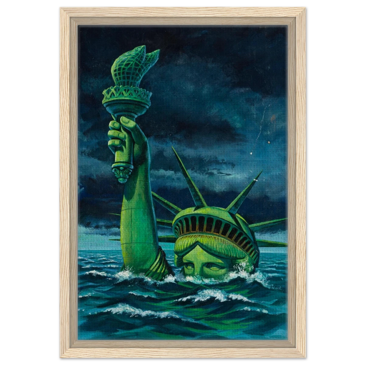"Liberty Submerged" – Surreal Political Apocalypse Art | Statement Wall Art Print - Framed Canvas - 30x45 cm / 12x18″ - Wood frame