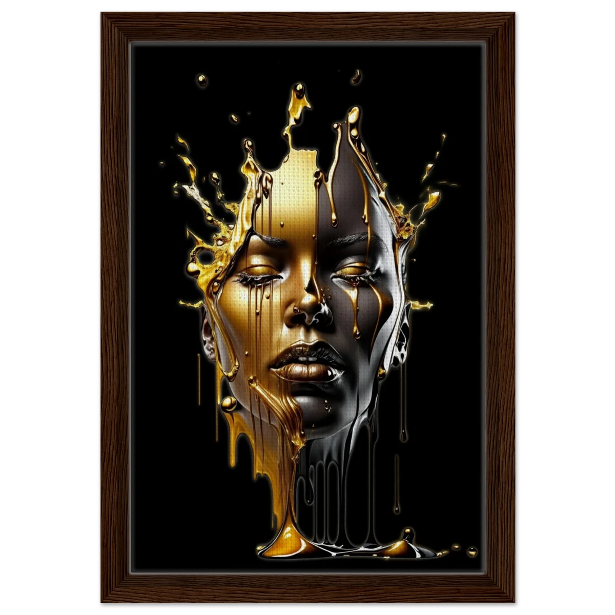 Liquid Gold: Duality in Drip – Contemporary Digital Portrait Art Print - Framed Canvas - 30x45 cm / 12x18″ - Dark wood frame