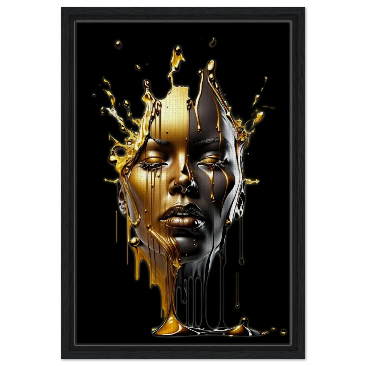 Liquid Gold: Duality in Drip – Contemporary Digital Portrait Art Print - Framed Canvas - 40x60 cm / 16x24″ - Black frame