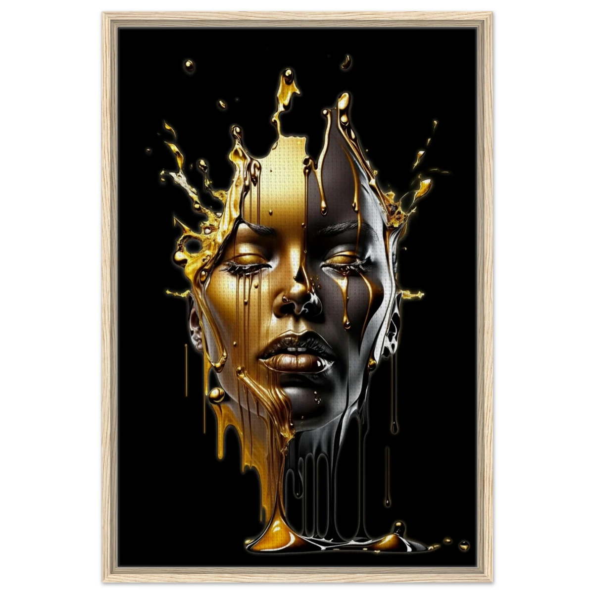 Liquid Gold: Duality in Drip – Contemporary Digital Portrait Art Print - Framed Canvas - 60x90 cm / 24x36″ - Wood frame
