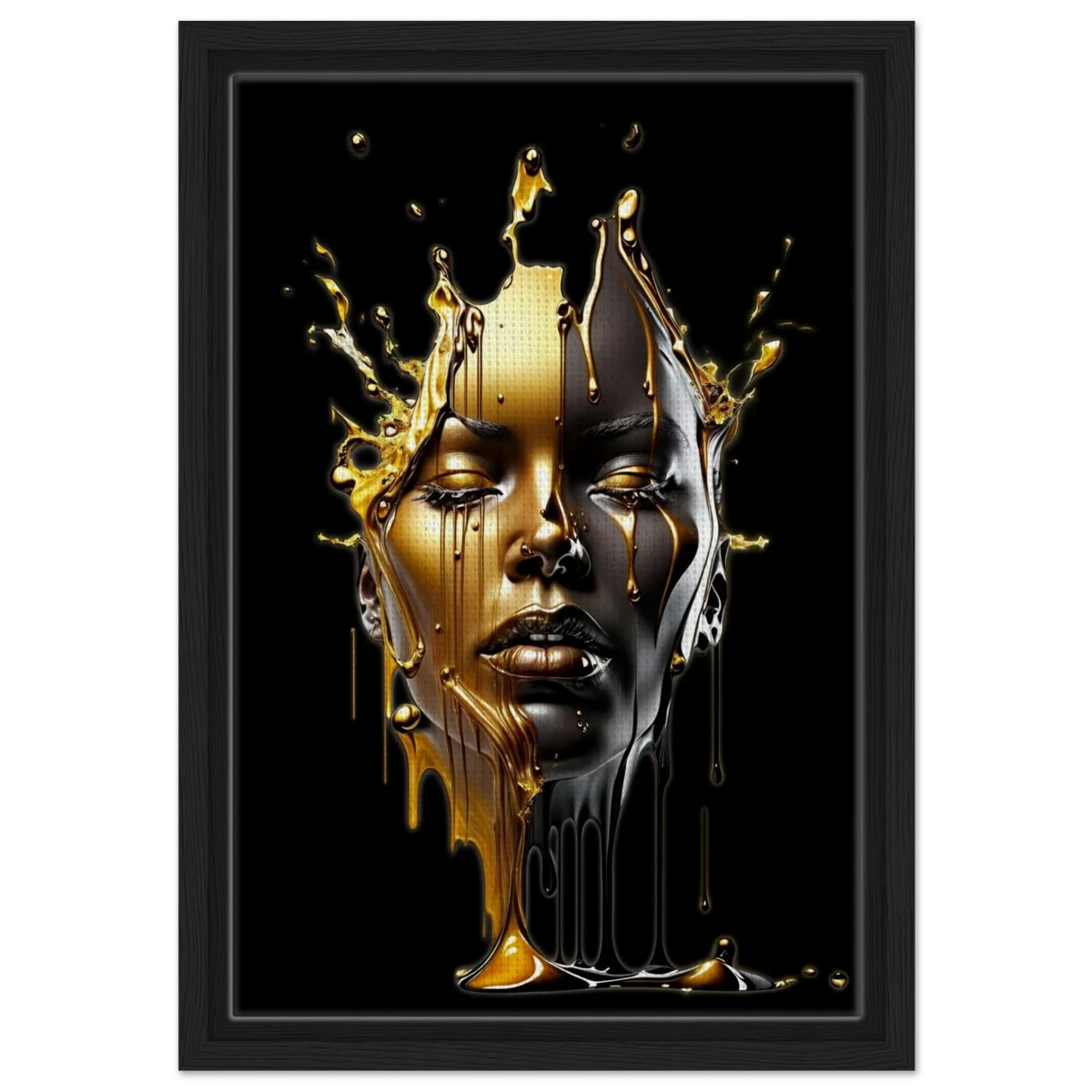 Liquid Gold: Duality in Drip – Contemporary Digital Portrait Art Print - Framed Canvas - 30x45 cm / 12x18″ - Black frame