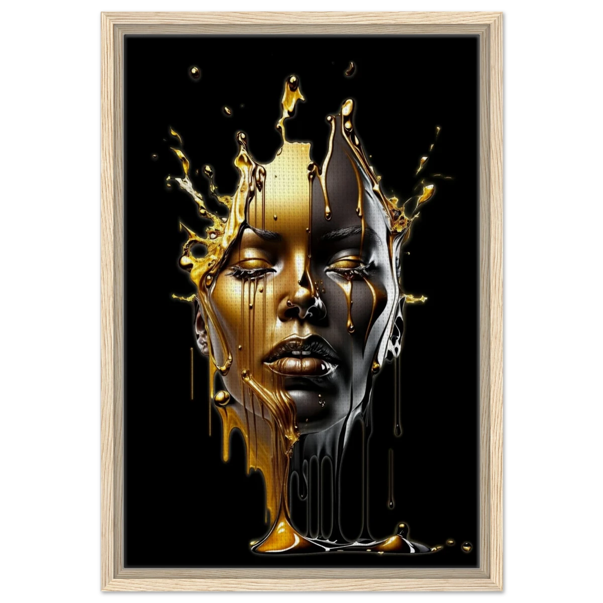 Liquid Gold: Duality in Drip – Contemporary Digital Portrait Art Print - Framed Canvas - 40x60 cm / 16x24″ - Wood frame