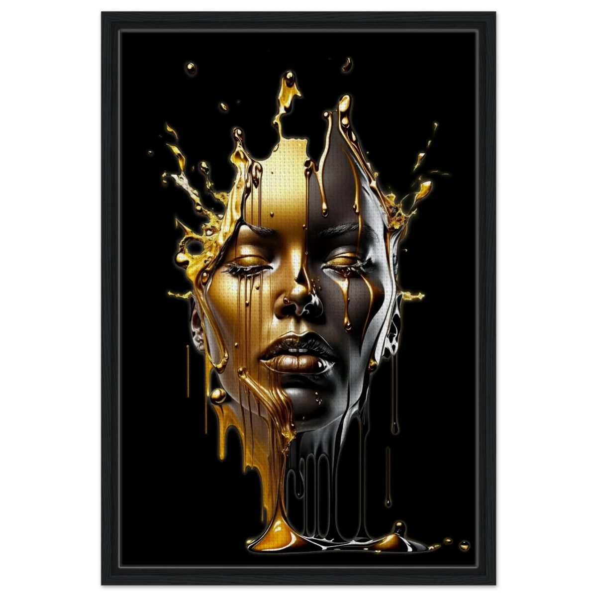 Liquid Gold: Duality in Drip – Contemporary Digital Portrait Art Print - Framed Canvas - 50x75 cm / 20x30″ - Black frame