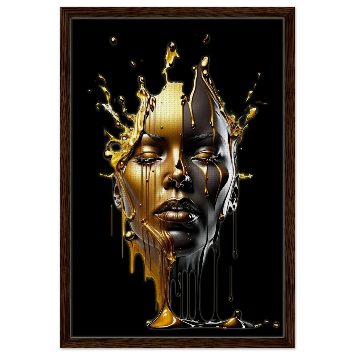 Liquid Gold: Duality in Drip – Contemporary Digital Portrait Art Print - Framed Canvas - 50x75 cm / 20x30″ - Dark wood frame