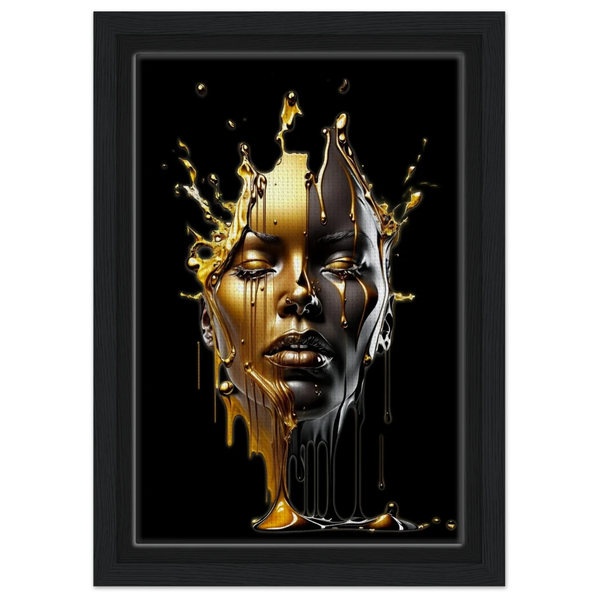 Liquid Gold: Duality in Drip – Contemporary Digital Portrait Art Print - Framed Canvas - 20x30 cm / 8x12″ - Black frame