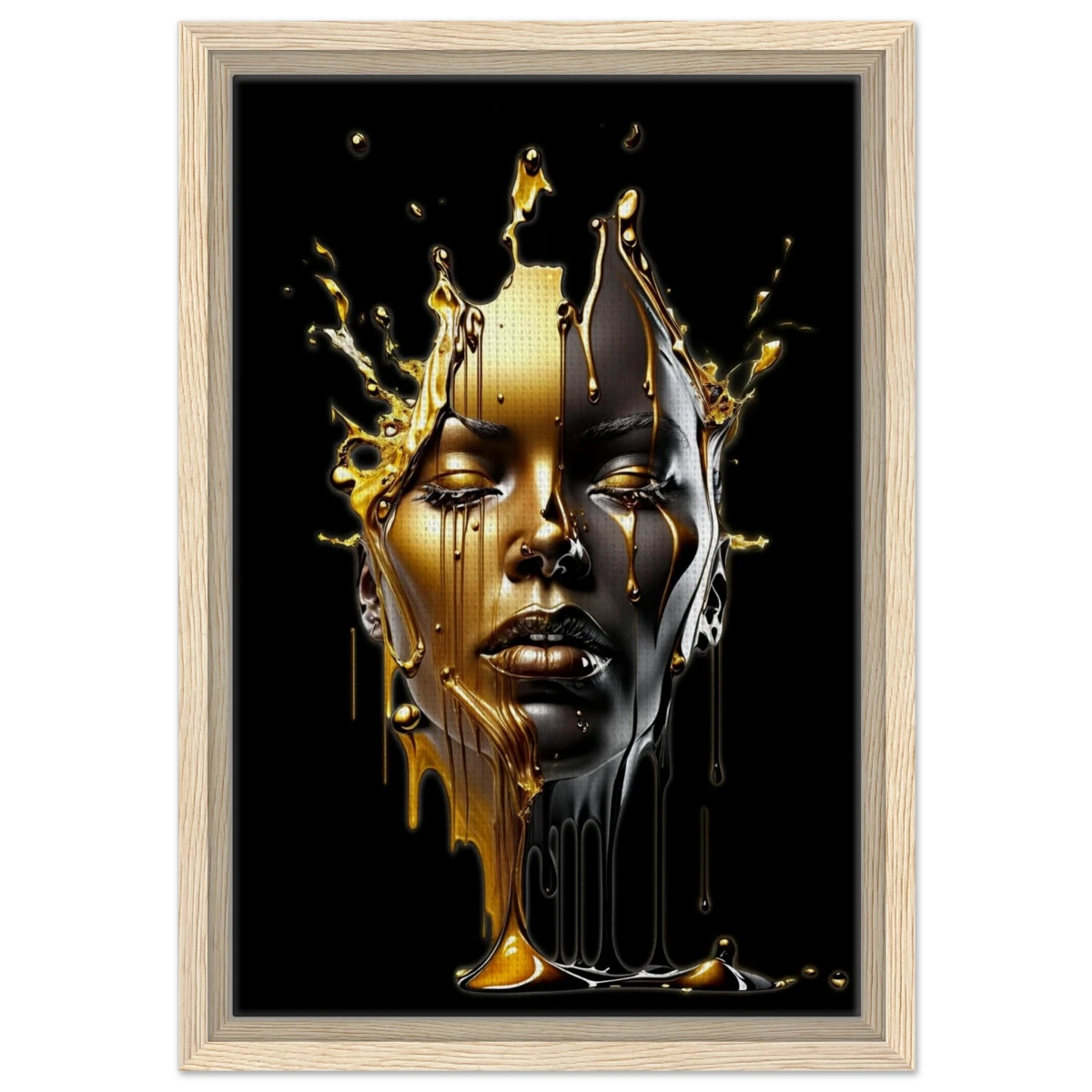 Liquid Gold: Duality in Drip – Contemporary Digital Portrait Art Print - Framed Canvas - 30x45 cm / 12x18″ - Wood frame
