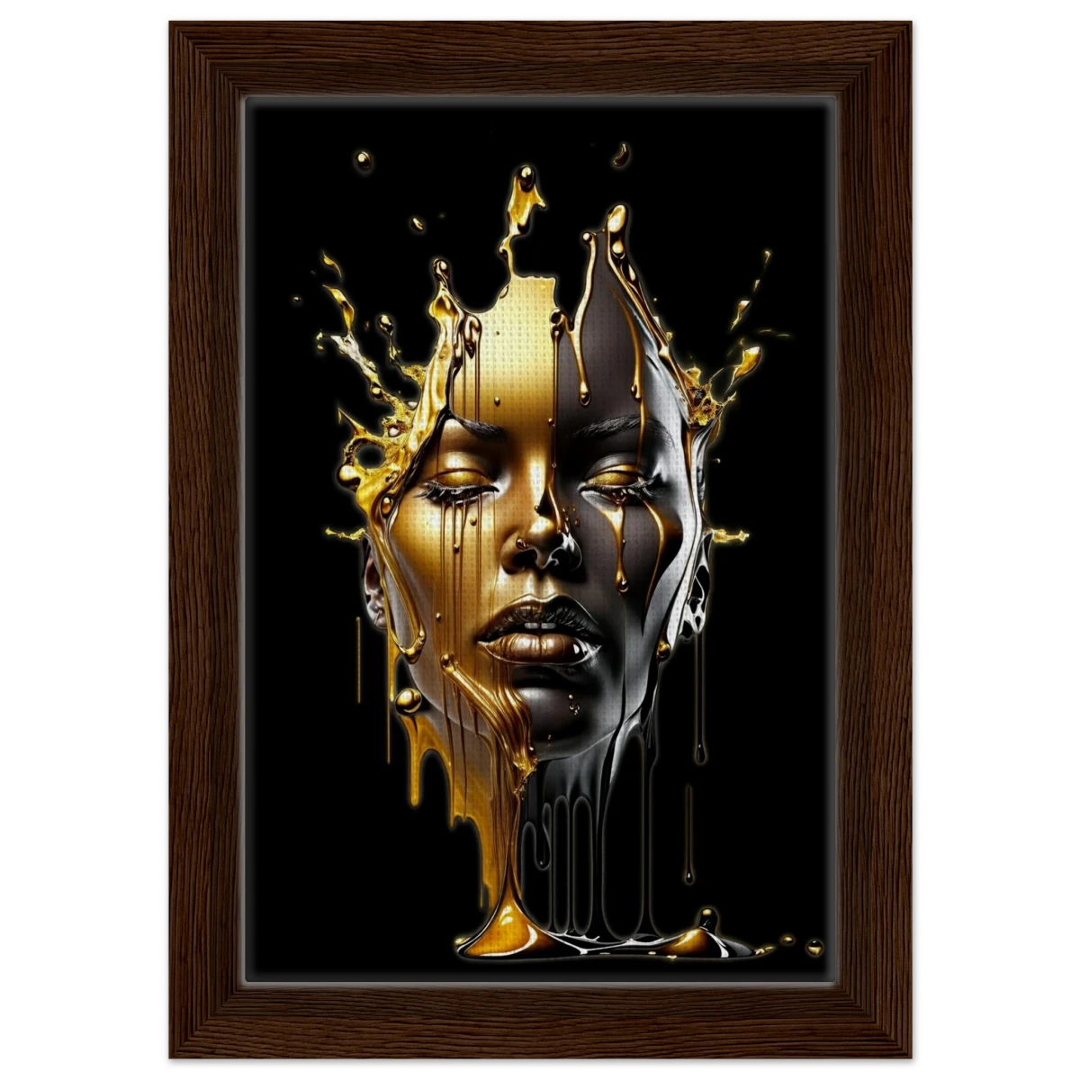 Liquid Gold: Duality in Drip – Contemporary Digital Portrait Art Print - Framed Canvas - 20x30 cm / 8x12″ - Dark wood frame