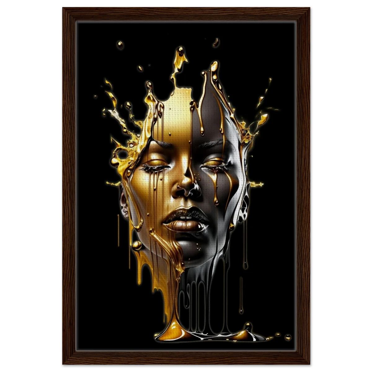 Liquid Gold: Duality in Drip – Contemporary Digital Portrait Art Print - Framed Canvas - 40x60 cm / 16x24″ - Dark wood frame
