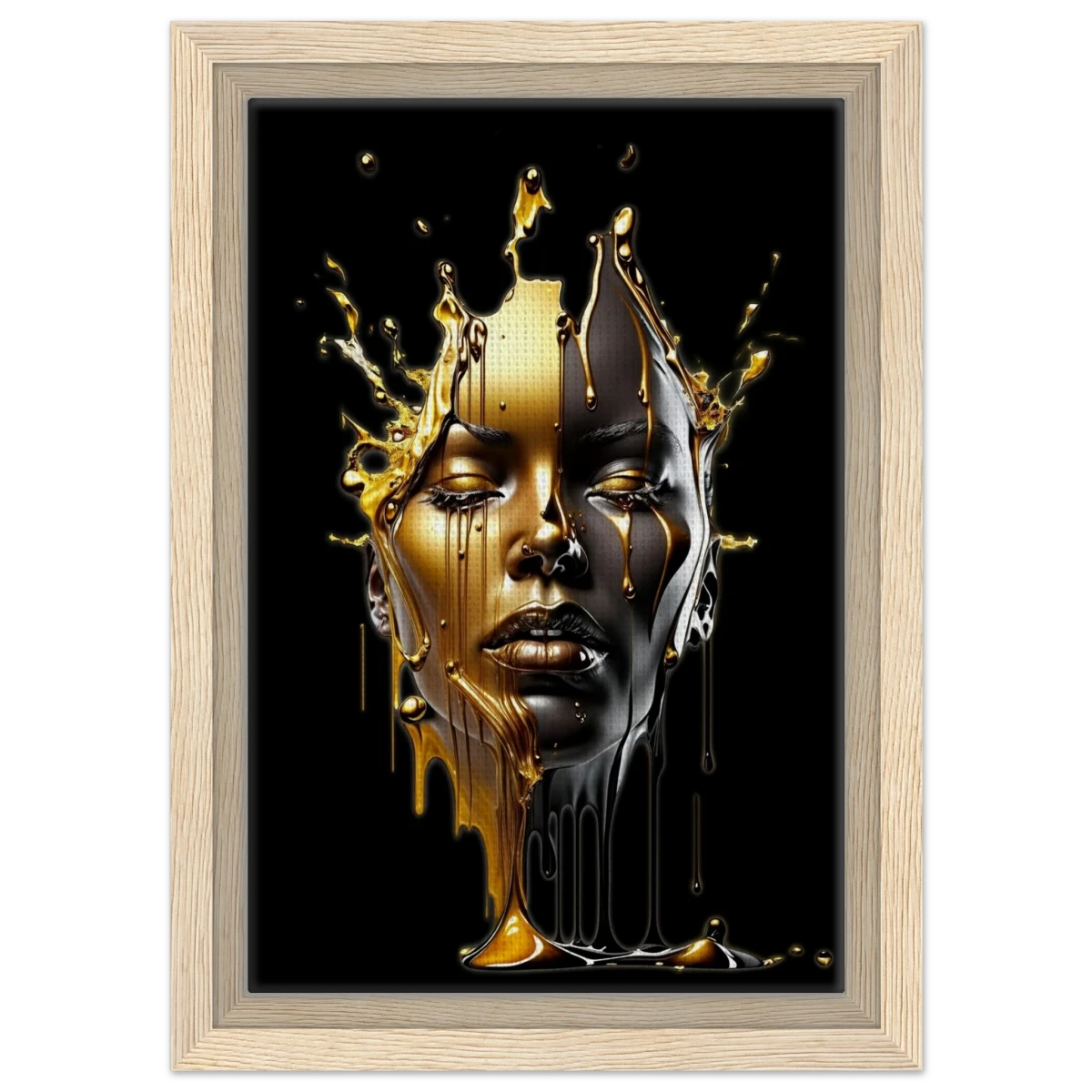 Liquid Gold: Duality in Drip – Contemporary Digital Portrait Art Print - Framed Canvas - 20x30 cm / 8x12″ - Wood frame