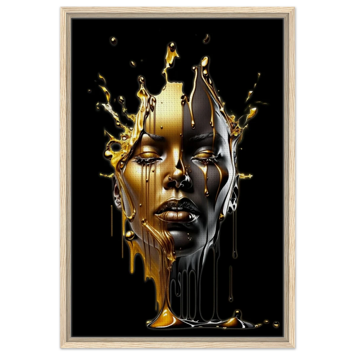 Liquid Gold: Duality in Drip – Contemporary Digital Portrait Art Print - Framed Canvas - 50x75 cm / 20x30″ - Wood frame