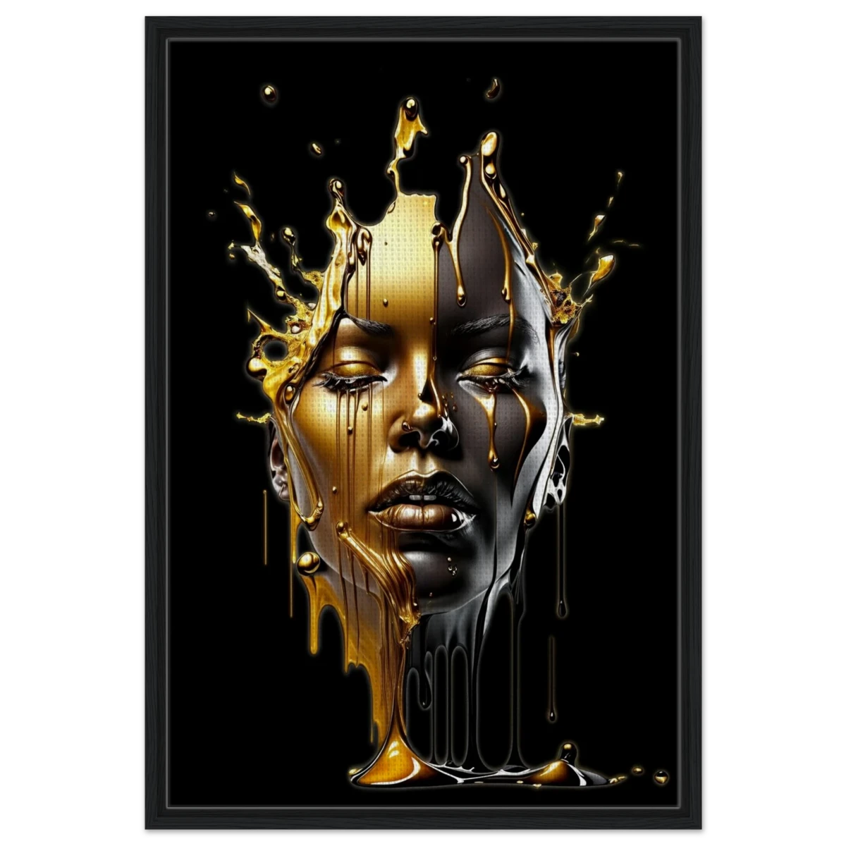 Liquid Gold: Duality in Drip – Contemporary Digital Portrait Art Print - Framed Canvas - 60x90 cm / 24x36″ - Black frame