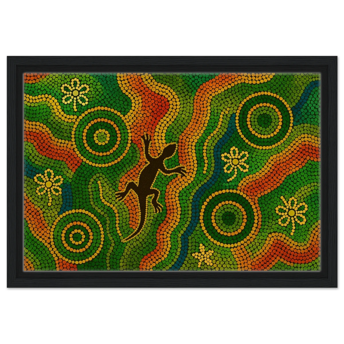 Lizard Dreaming – Aboriginal Dot Painting Wall Art Print - Framed Canvas - 30x45 cm / 12x18″ - Black frame