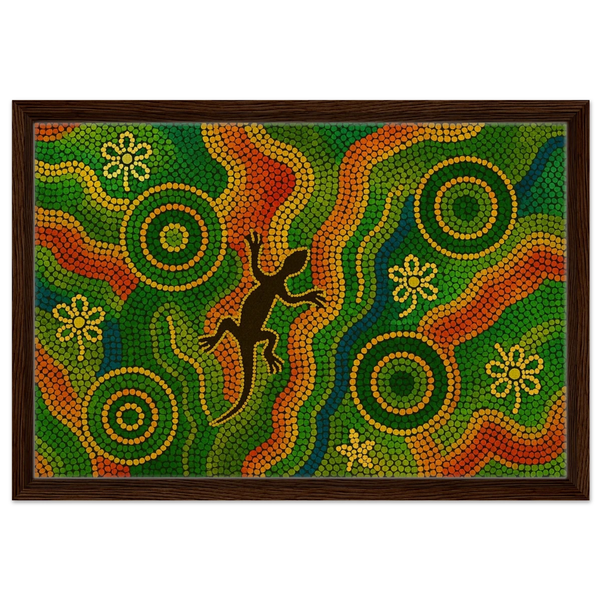 Lizard Dreaming – Aboriginal Dot Painting Wall Art Print - Framed Canvas - 40x60 cm / 16x24″ - Dark wood frame