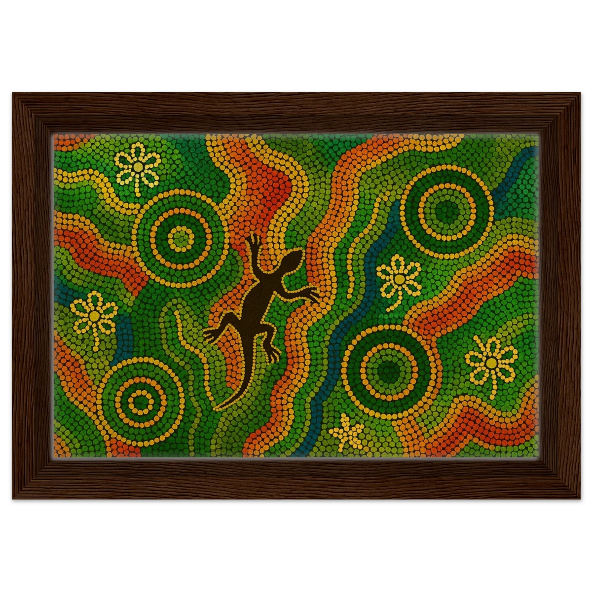 Lizard Dreaming – Aboriginal Dot Painting Wall Art Print - Framed Canvas - 20x30 cm / 8x12″ - Dark wood frame