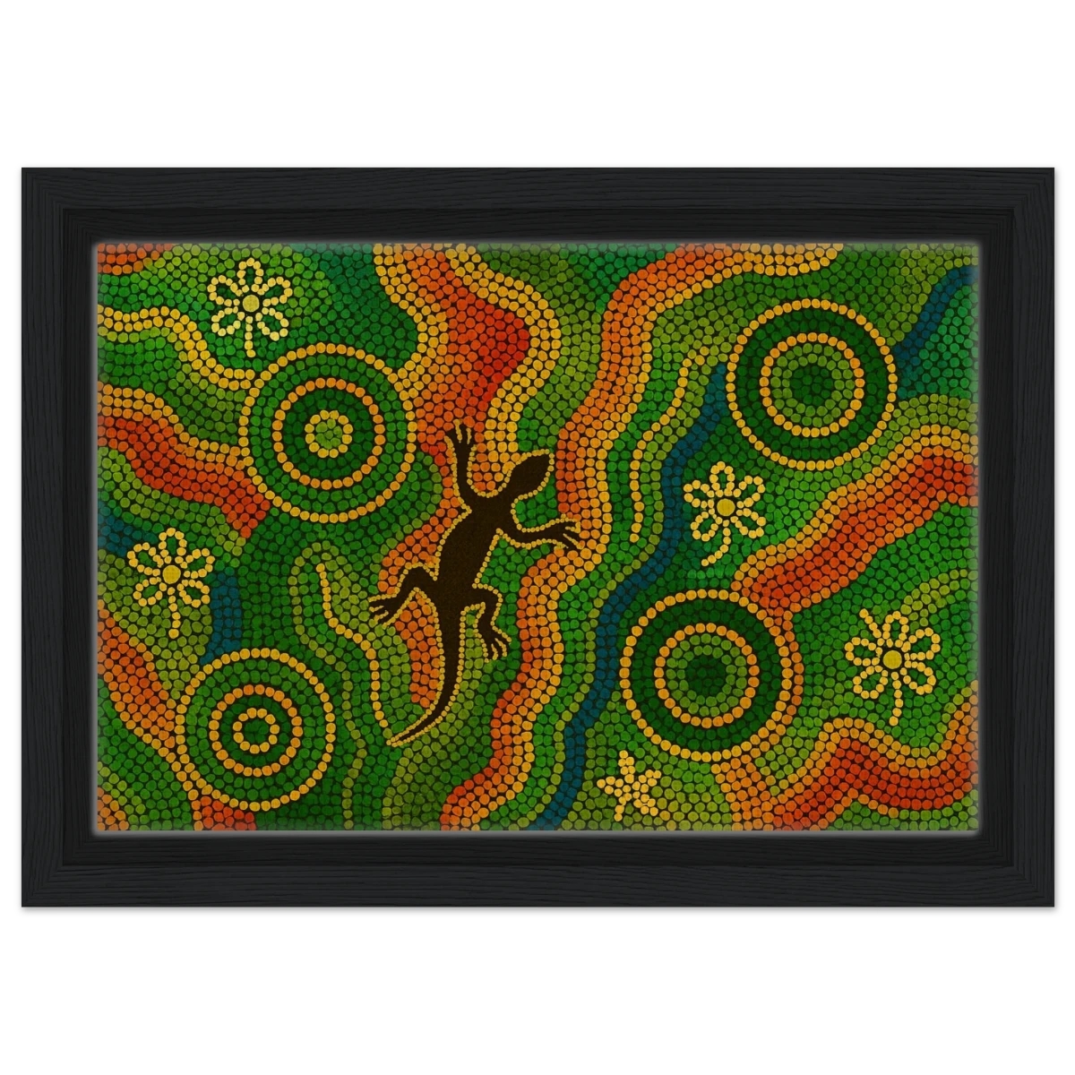 Lizard Dreaming – Aboriginal Dot Painting Wall Art Print - Framed Canvas - 20x30 cm / 8x12″ - Black frame