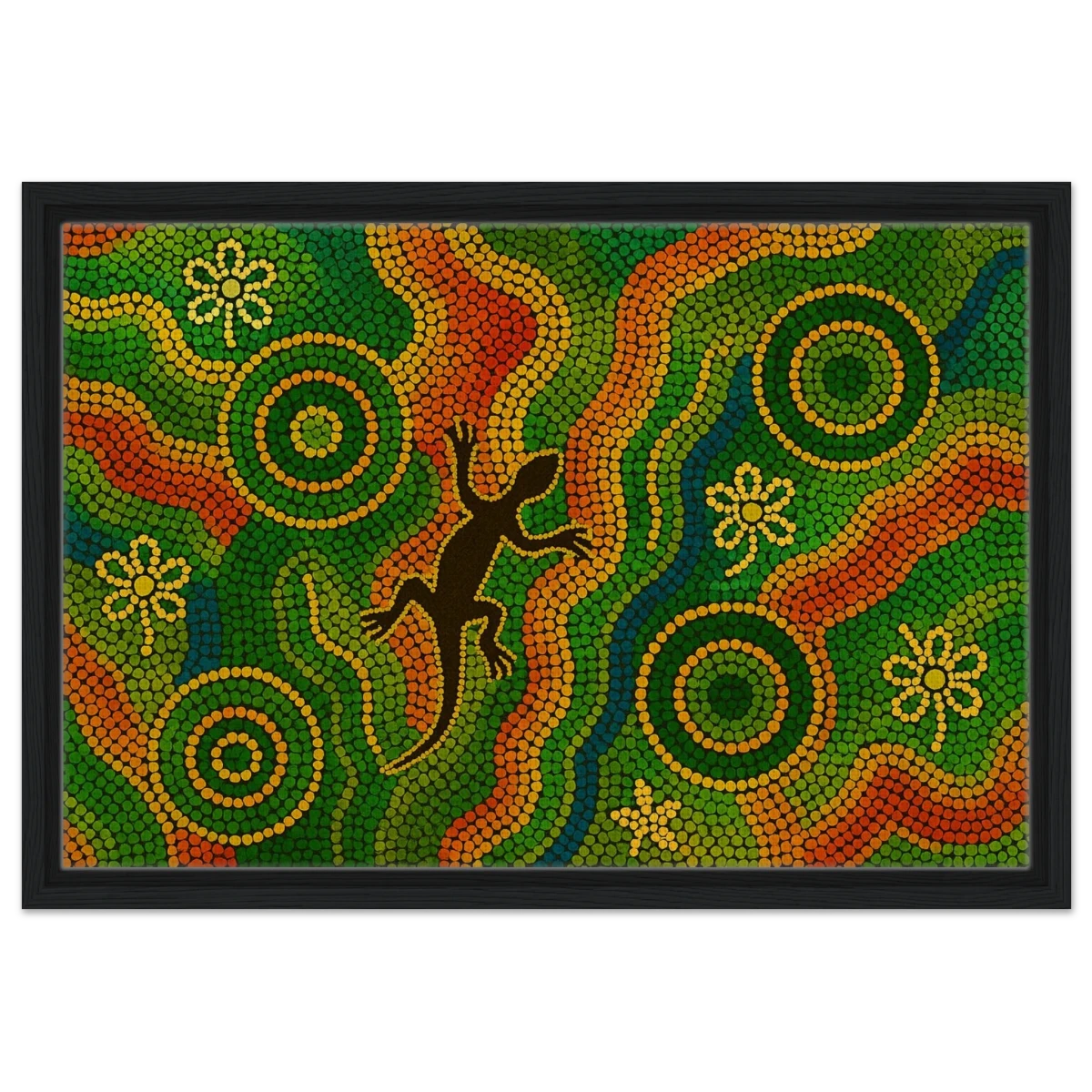 Lizard Dreaming – Aboriginal Dot Painting Wall Art Print - Framed Canvas - 40x60 cm / 16x24″ - Black frame