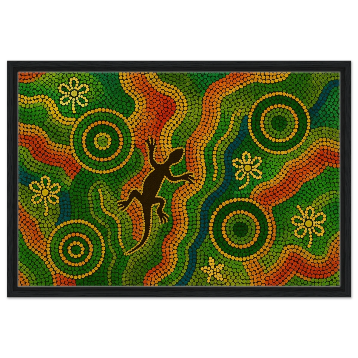 Lizard Dreaming – Aboriginal Dot Painting Wall Art Print - Framed Canvas - 50x75 cm / 20x30″ - Black frame