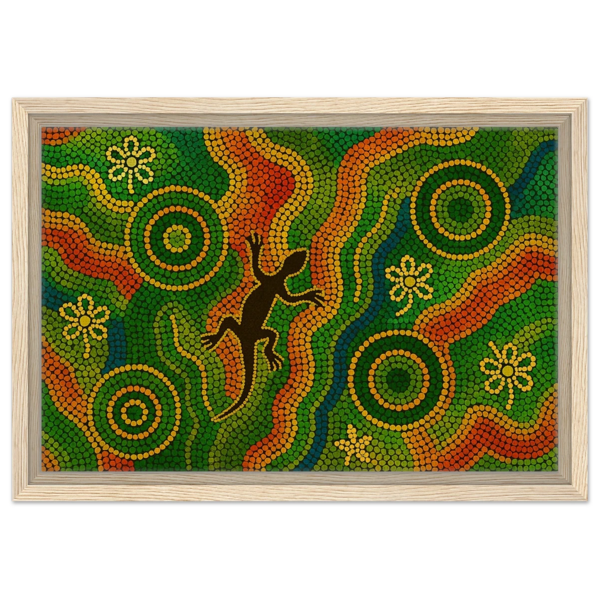 Lizard Dreaming – Aboriginal Dot Painting Wall Art Print - Framed Canvas - 30x45 cm / 12x18″ - Wood frame
