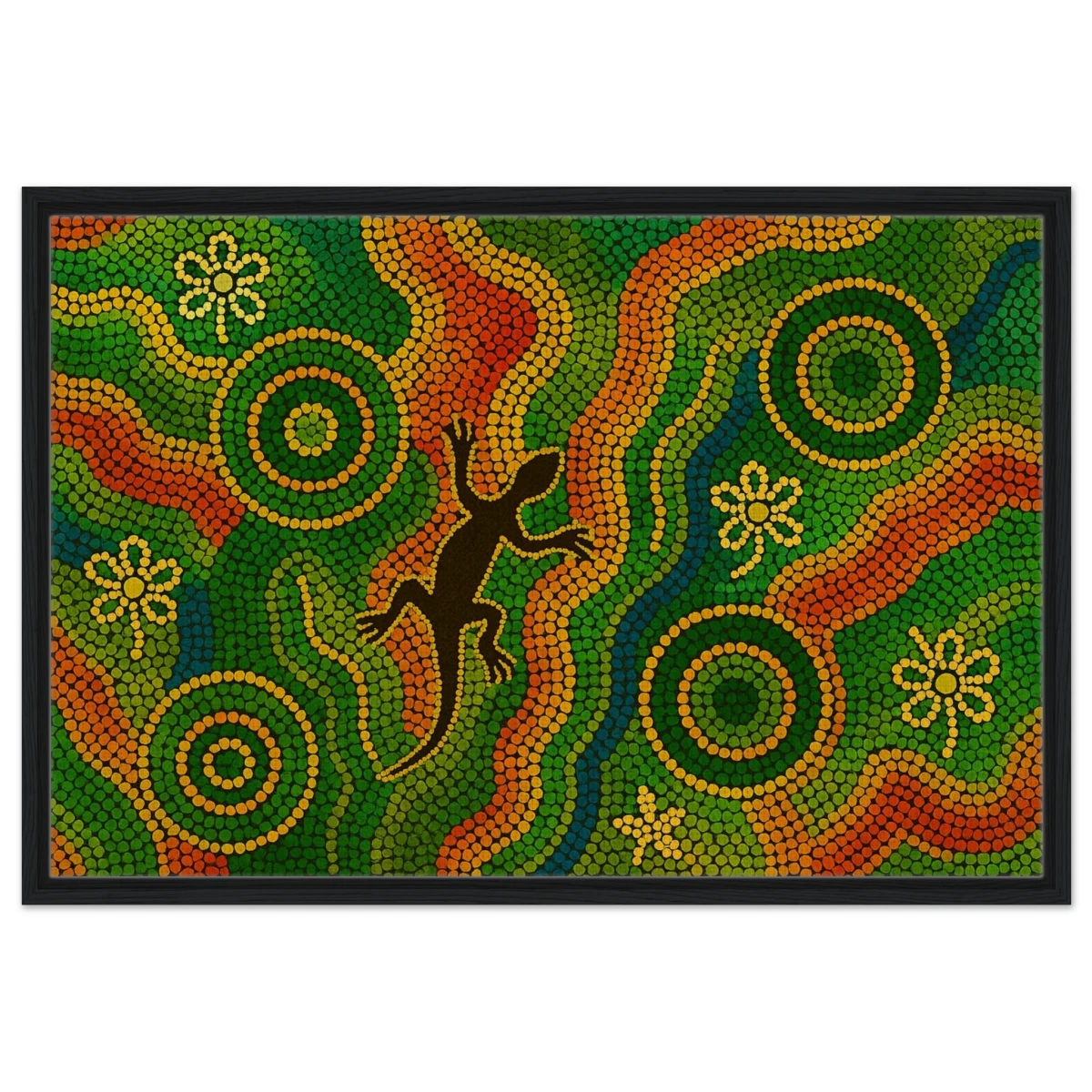 Lizard Dreaming – Aboriginal Dot Painting Wall Art Print - Framed Canvas - 60x90 cm / 24x36″ - Black frame