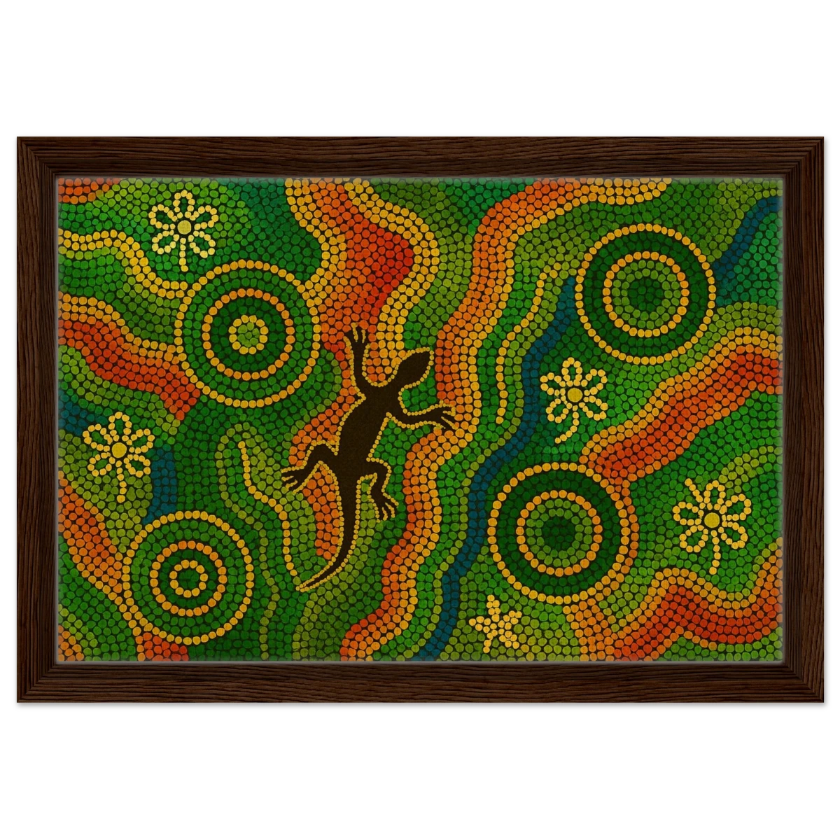 Lizard Dreaming – Aboriginal Dot Painting Wall Art Print - Framed Canvas - 30x45 cm / 12x18″ - Dark wood frame