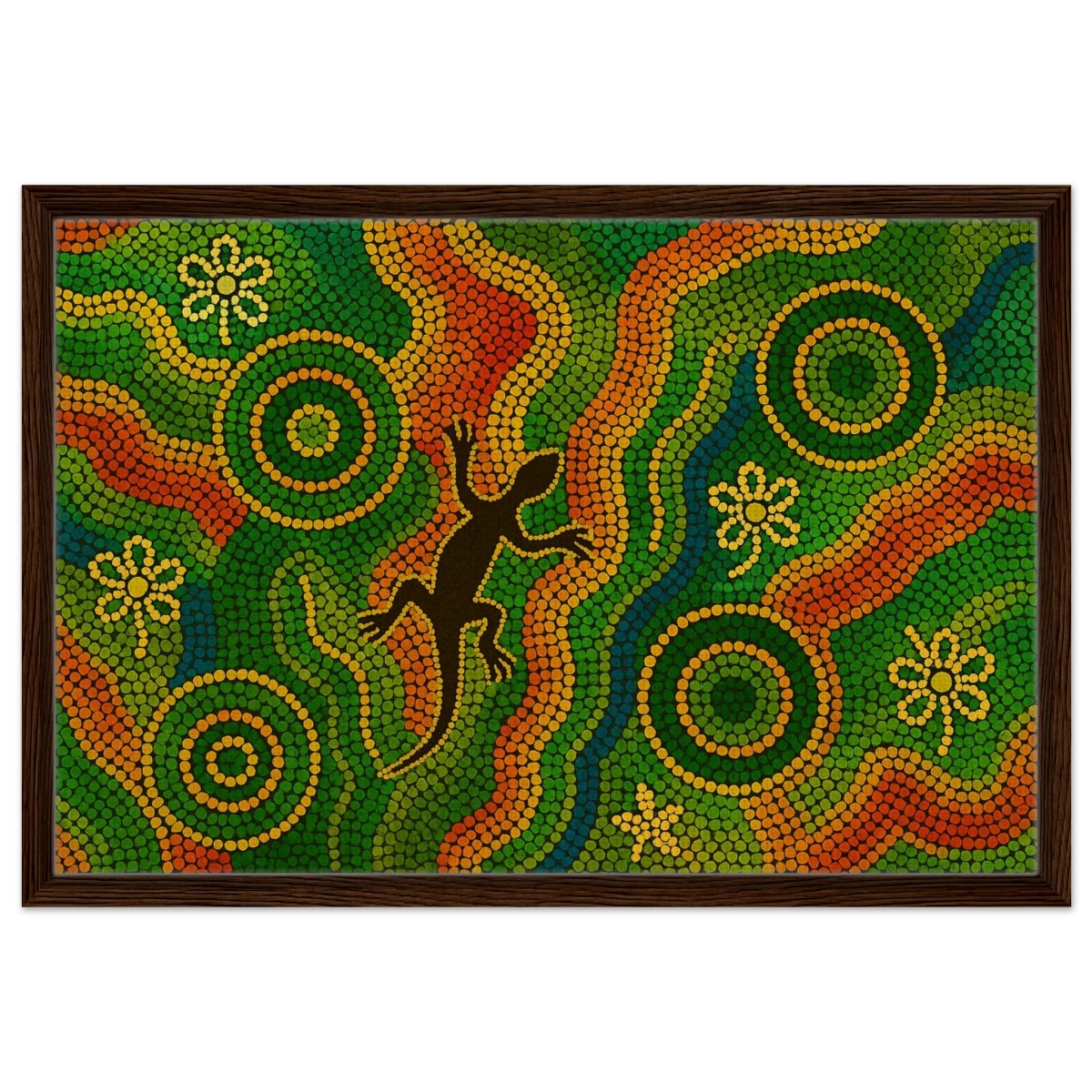 Lizard Dreaming – Aboriginal Dot Painting Wall Art Print - Framed Canvas - 50x75 cm / 20x30″ - Dark wood frame