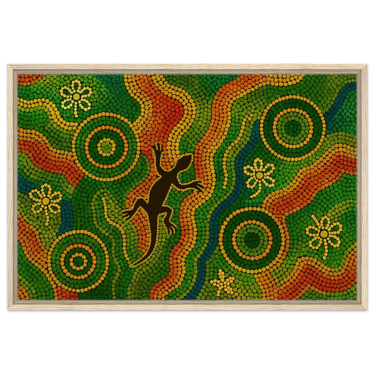 Lizard Dreaming – Aboriginal Dot Painting Wall Art Print - Framed Canvas - 60x90 cm / 24x36″ - Wood frame