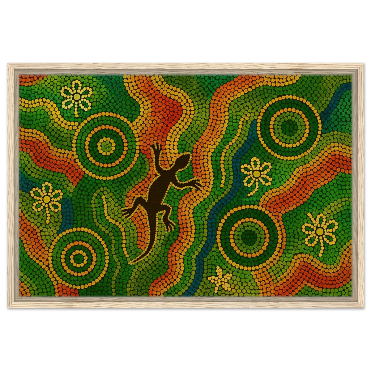 Lizard Dreaming – Aboriginal Dot Painting Wall Art Print - Framed Canvas - 50x75 cm / 20x30″ - Wood frame