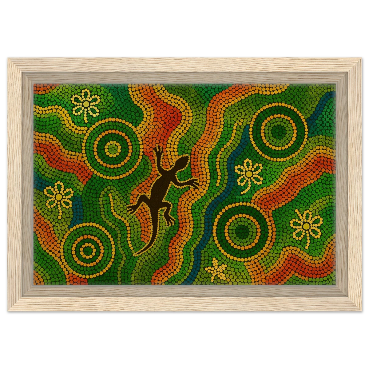 Lizard Dreaming – Aboriginal Dot Painting Wall Art Print - Framed Canvas - 20x30 cm / 8x12″ - Wood frame