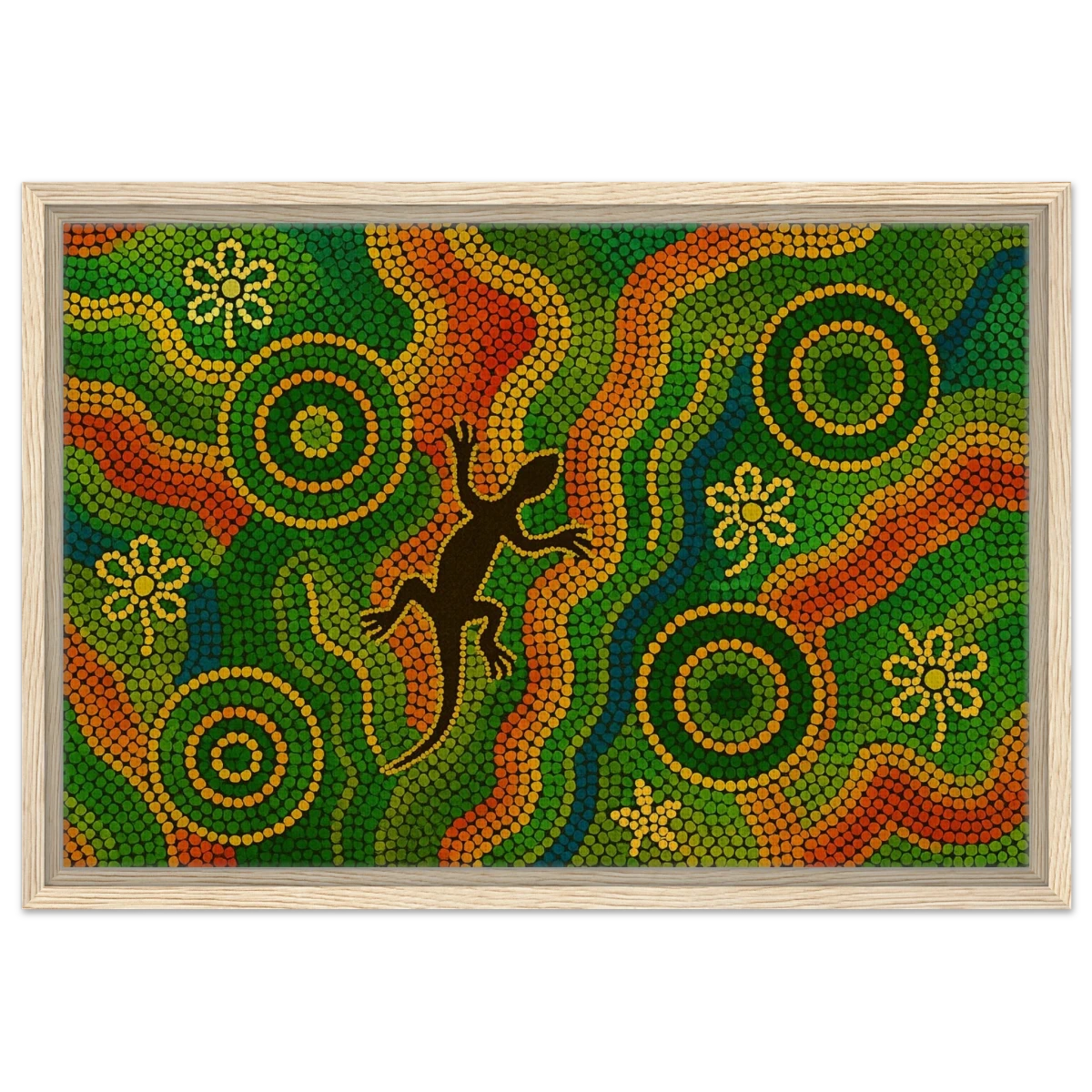 Lizard Dreaming – Aboriginal Dot Painting Wall Art Print - Framed Canvas - 40x60 cm / 16x24″ - Wood frame