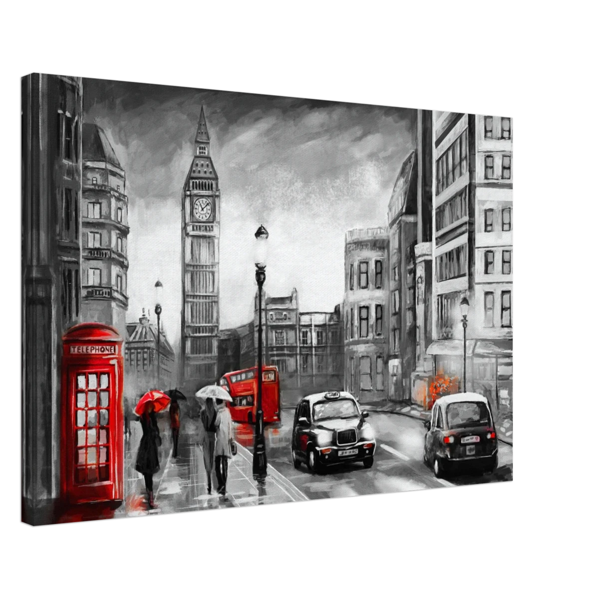 London in the Rain | Selective Color Urban Art | Wall Art Print - Canvas - 30x45 cm / 12x18″ -