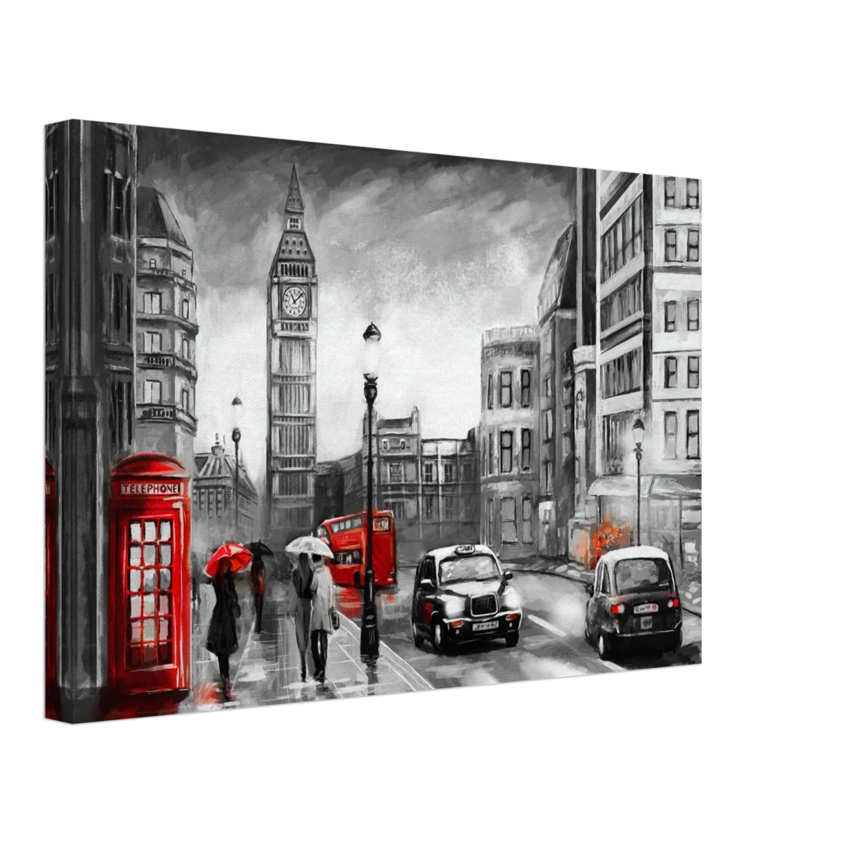 London in the Rain | Selective Color Urban Art | Wall Art Print - Canvas - 40x60 cm / 16x24″ -