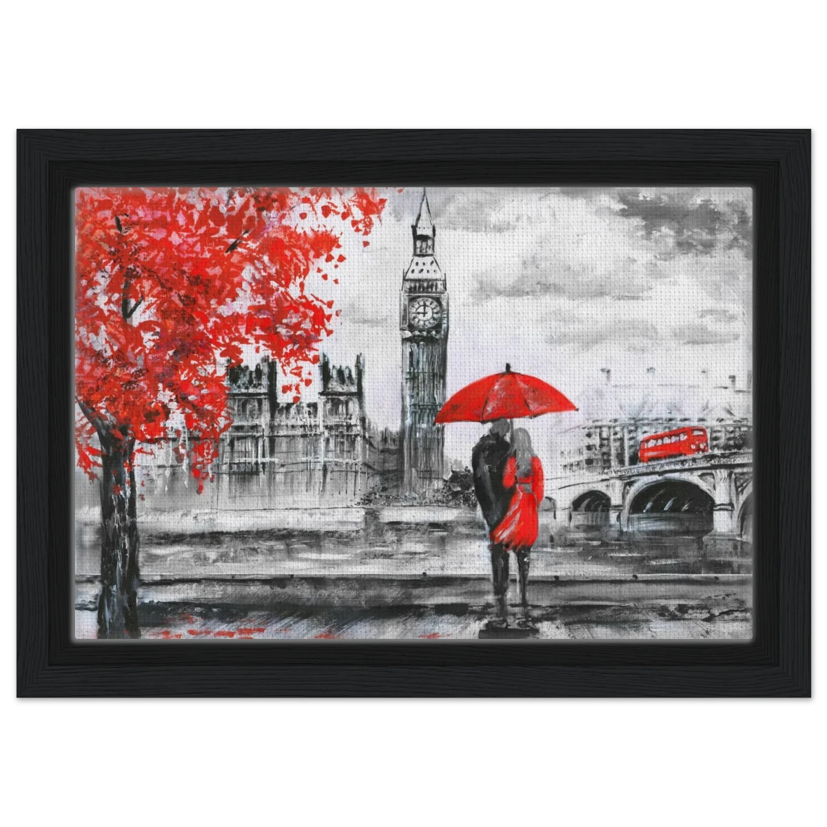 "Love in London Rain" – Romantic City Escape | Wall Art Print - Framed Canvas - 20x30 cm / 8x12″ - Black frame