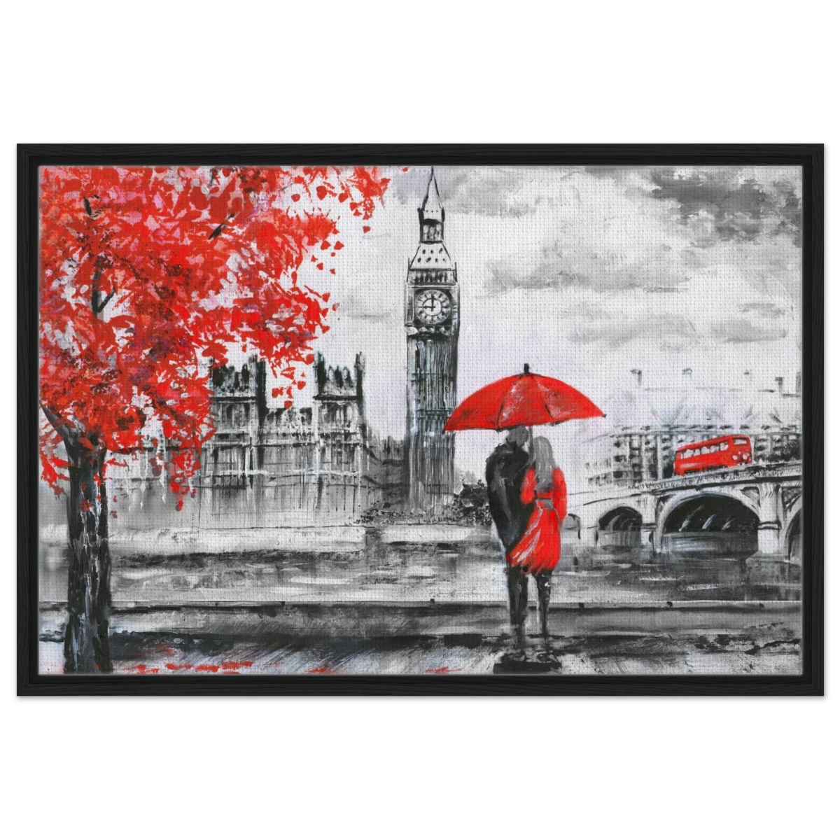 "Love in London Rain" – Romantic City Escape | Wall Art Print - Framed Canvas - 60x90 cm / 24x36″ - Black frame