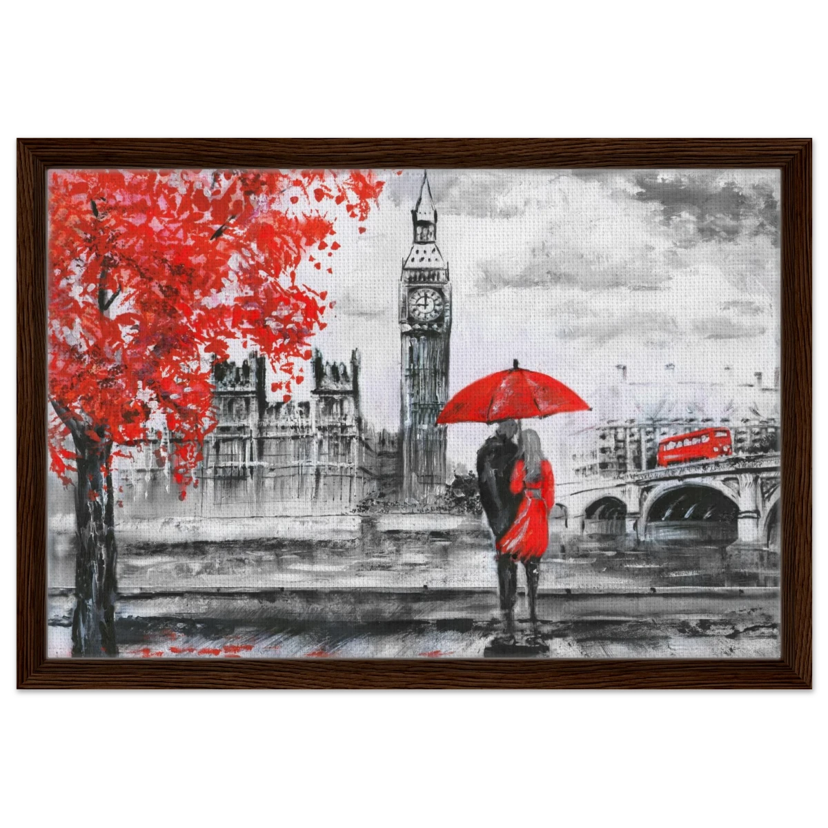 "Love in London Rain" – Romantic City Escape | Wall Art Print - Framed Canvas - 40x60 cm / 16x24″ - Dark wood frame