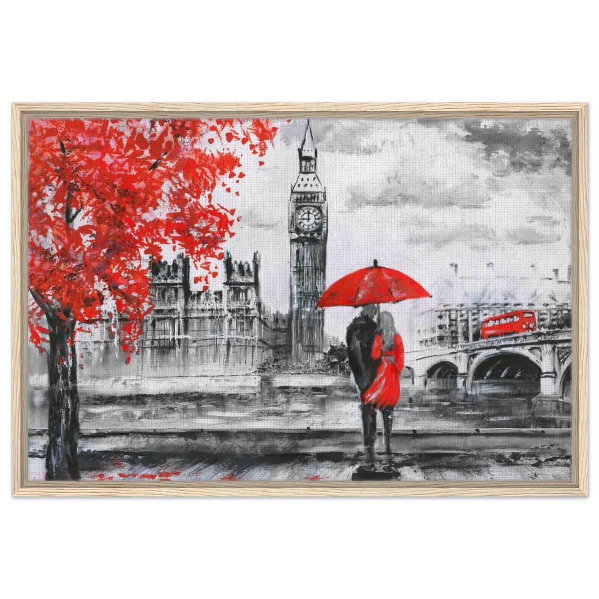 "Love in London Rain" – Romantic City Escape | Wall Art Print - Framed Canvas - 60x90 cm / 24x36″ - Wood frame