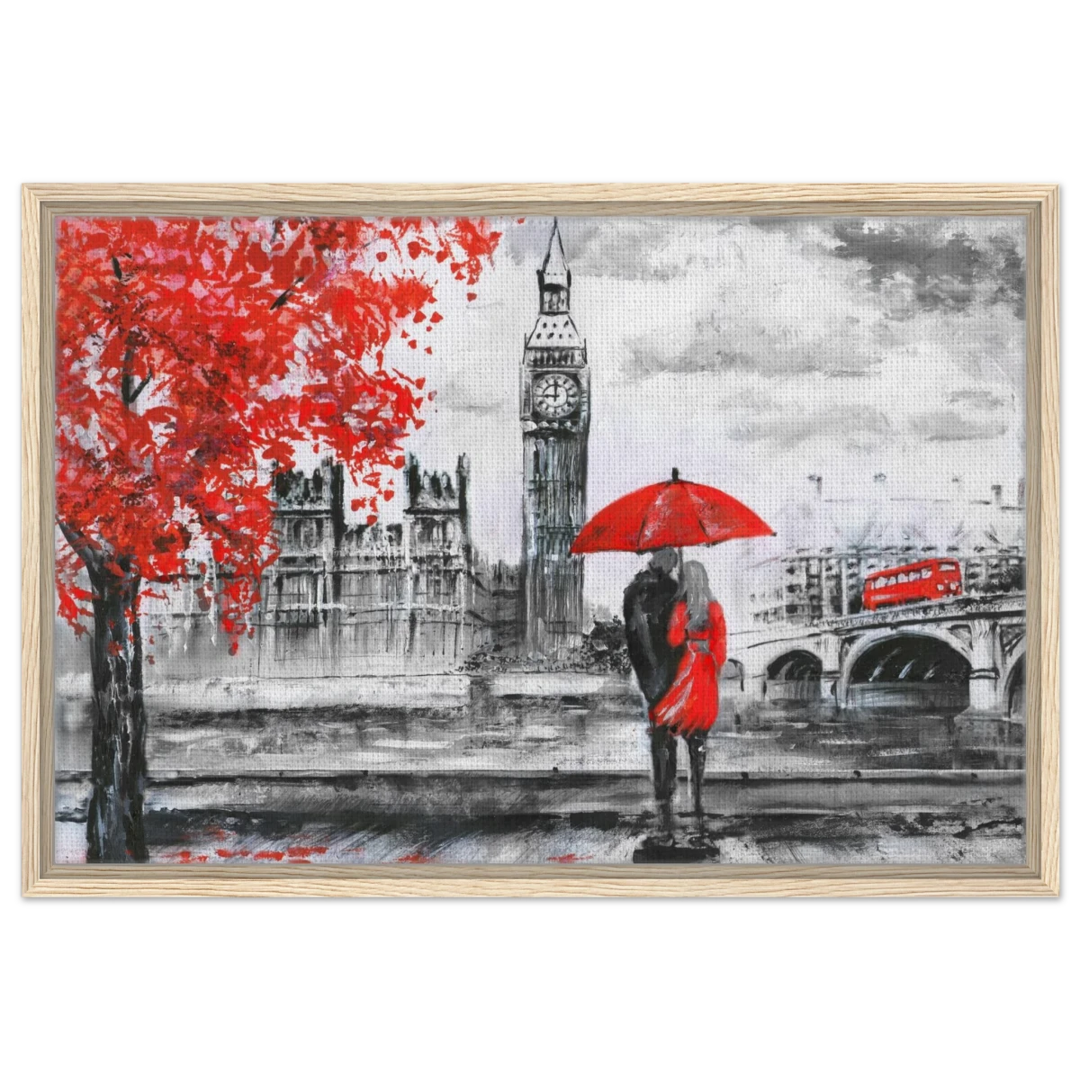 "Love in London Rain" – Romantic City Escape | Wall Art Print - Framed Canvas - 50x75 cm / 20x30″ - Wood frame