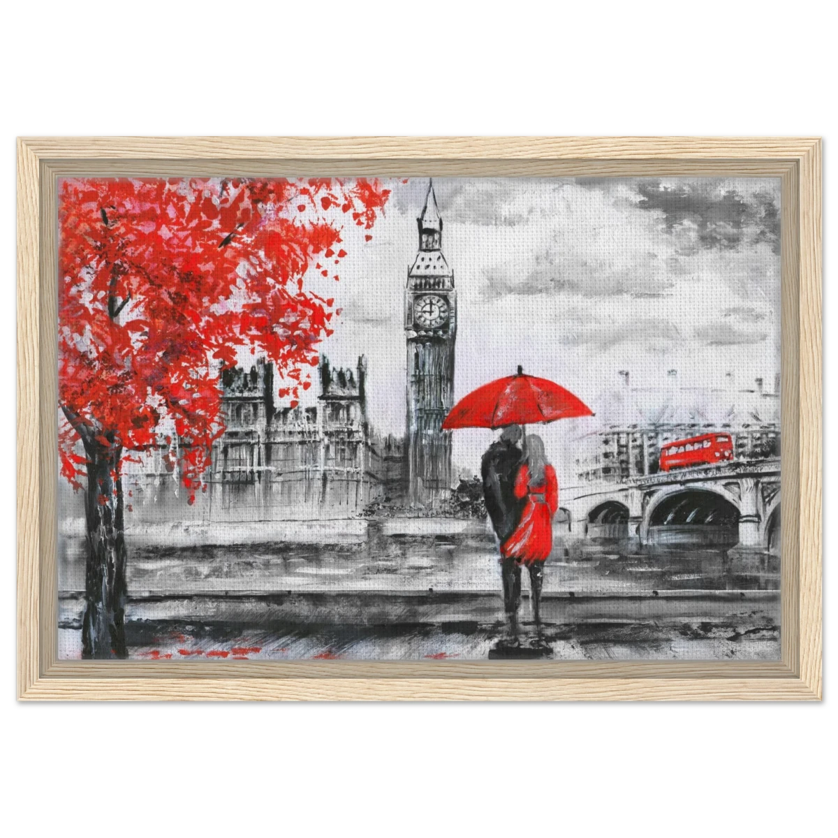 "Love in London Rain" – Romantic City Escape | Wall Art Print - Framed Canvas - 30x45 cm / 12x18″ - Wood frame