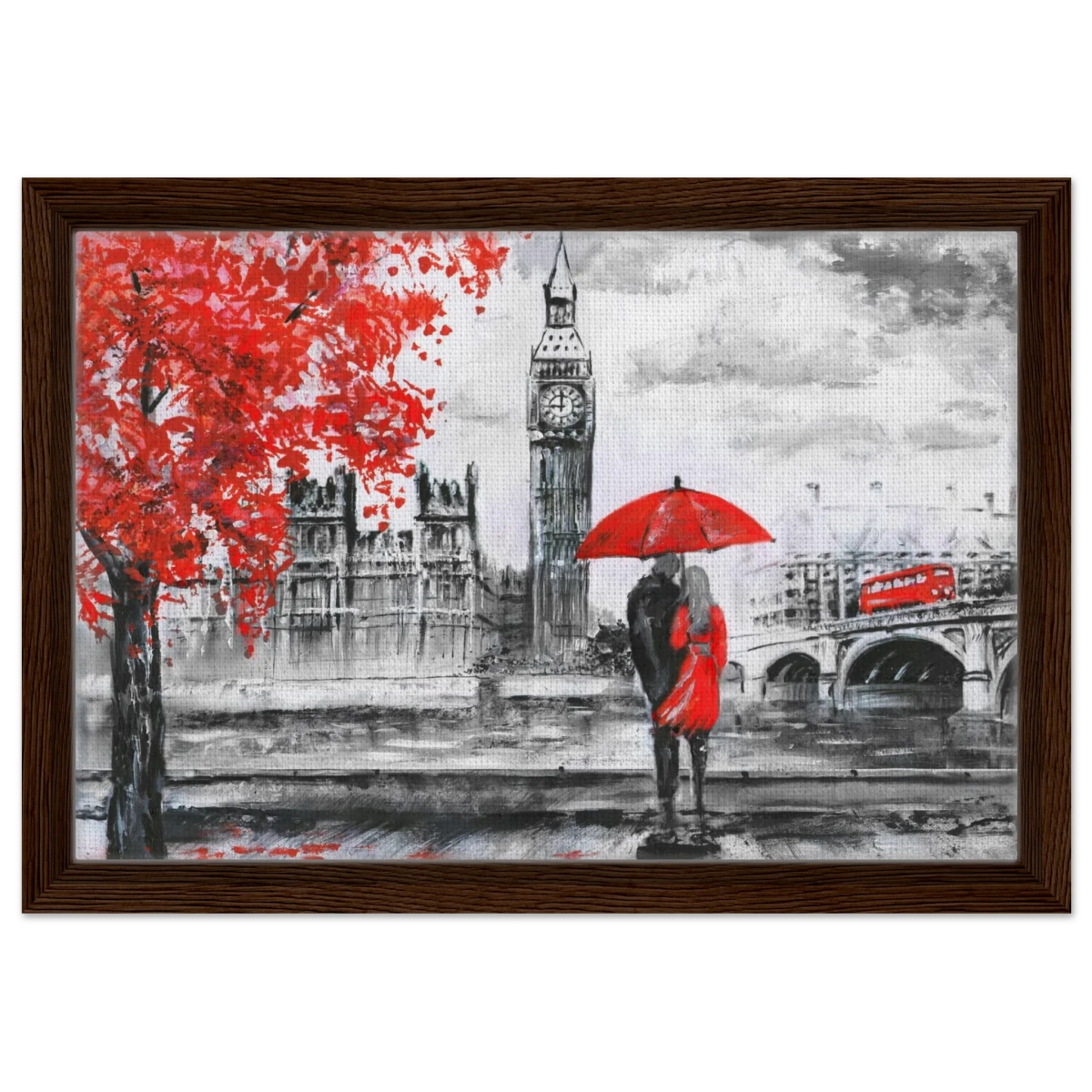 "Love in London Rain" – Romantic City Escape | Wall Art Print - Framed Canvas - 30x45 cm / 12x18″ - Dark wood frame