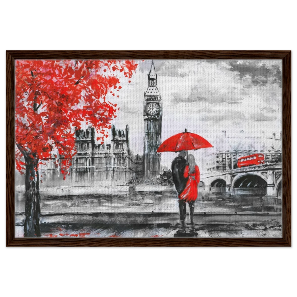 "Love in London Rain" – Romantic City Escape | Wall Art Print - Framed Canvas - 50x75 cm / 20x30″ - Dark wood frame