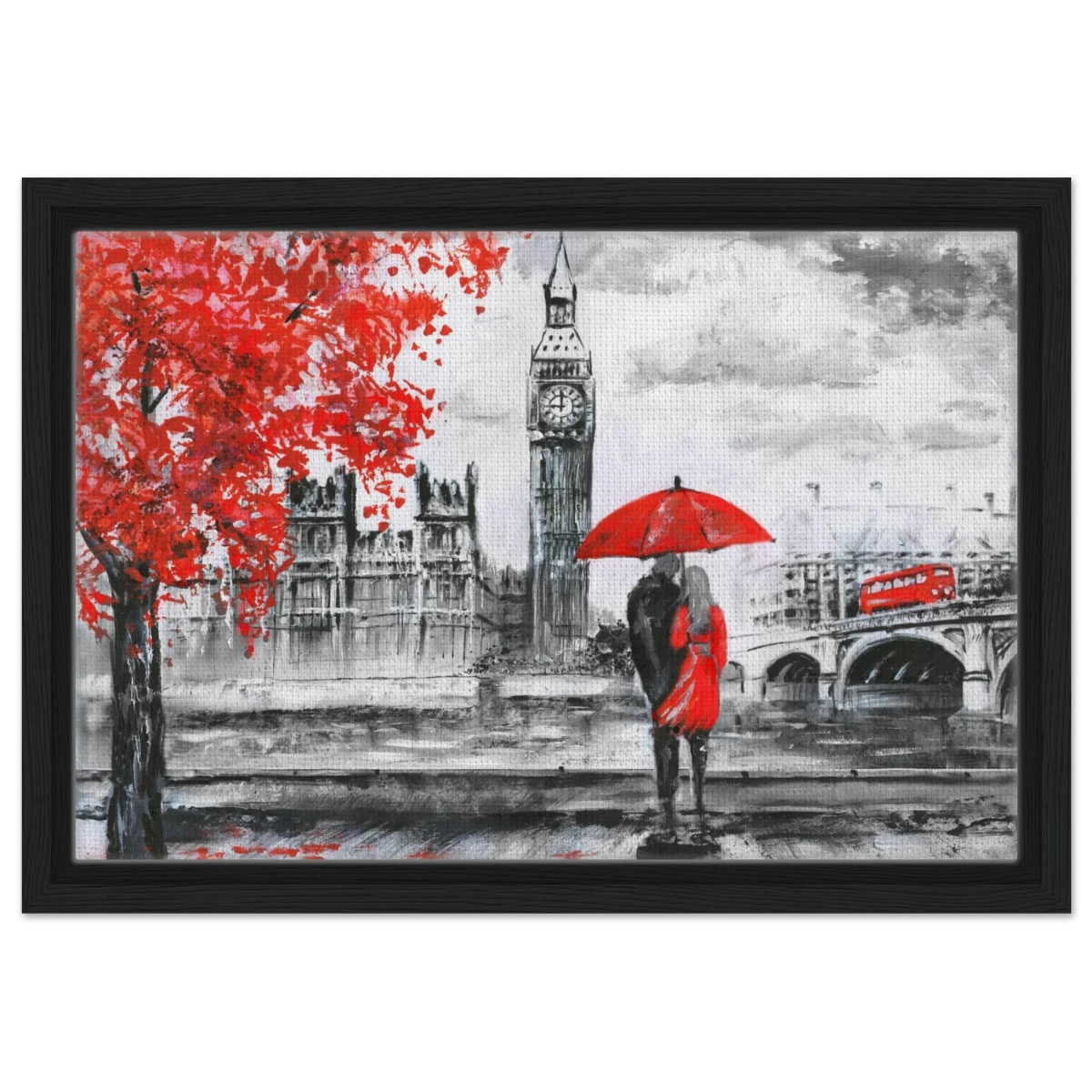 "Love in London Rain" – Romantic City Escape | Wall Art Print - Framed Canvas - 30x45 cm / 12x18″ - Black frame