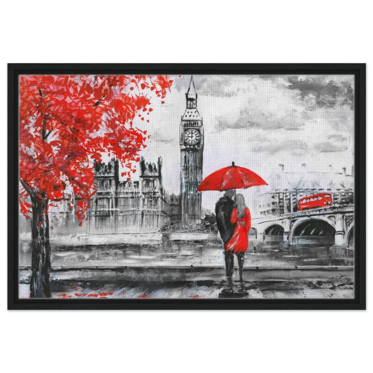 "Love in London Rain" – Romantic City Escape | Wall Art Print - Framed Canvas - 50x75 cm / 20x30″ - Black frame