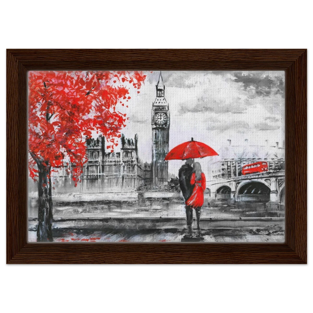 "Love in London Rain" – Romantic City Escape | Wall Art Print - Framed Canvas - 20x30 cm / 8x12″ - Dark wood frame