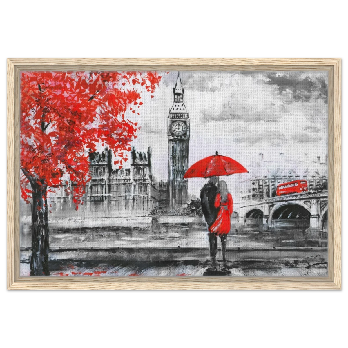 "Love in London Rain" – Romantic City Escape | Wall Art Print - Framed Canvas - 40x60 cm / 16x24″ - Wood frame